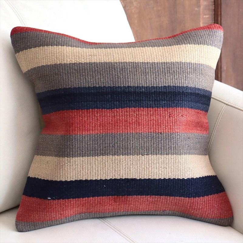 オールドキリムクッションカバー 40cm角サイズ 39×39cm ローズピンクとインディゴのボーダー | 