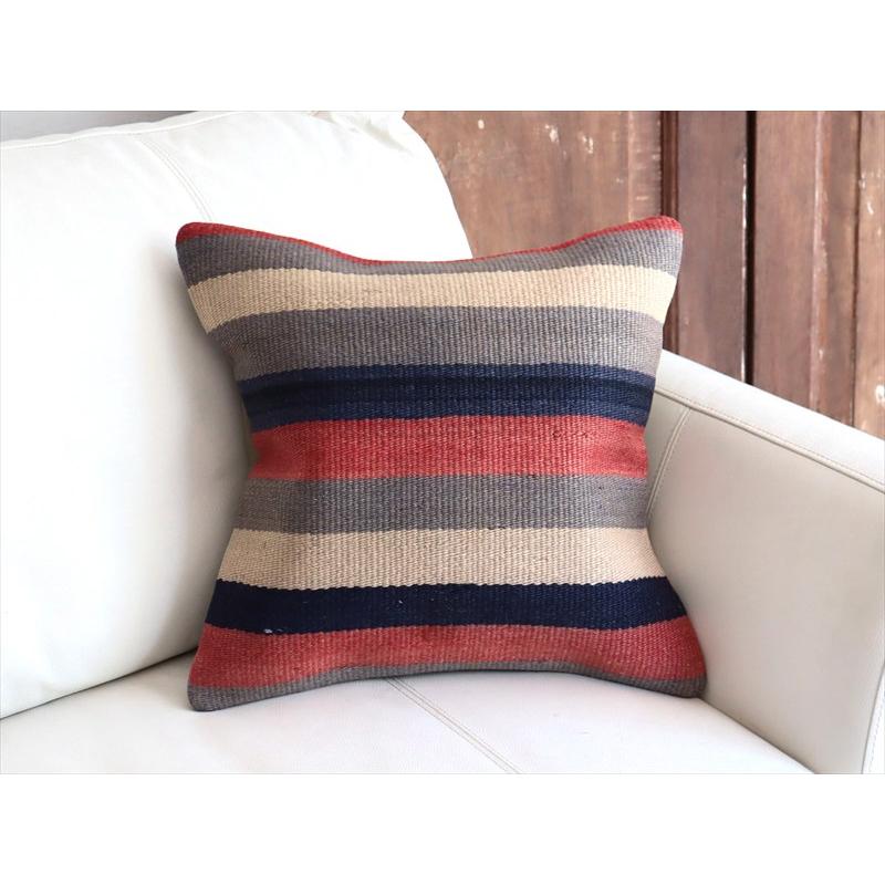 オールドキリムクッションカバー 40cm角サイズ 39×39cm ローズピンクとインディゴのボーダー |  | 01
