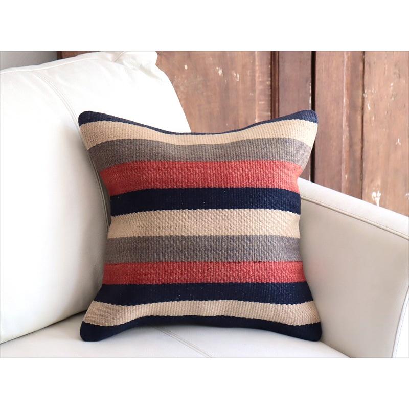 オールドキリムクッションカバー 40cm角サイズ 40×40cm ローズピンクとインディゴのボーダー |  | 01