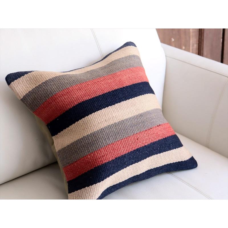 オールドキリムクッションカバー 40cm角サイズ 40×40cm ローズピンクとインディゴのボーダー |  | 02