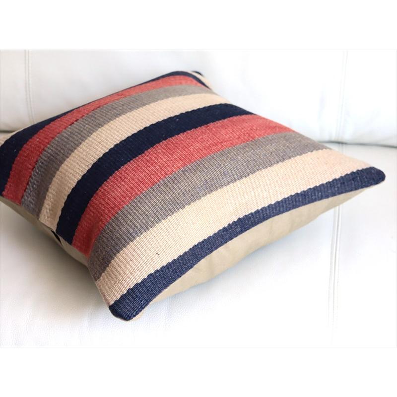 オールドキリムクッションカバー 40cm角サイズ 40×40cm ローズピンクとインディゴのボーダー |  | 03
