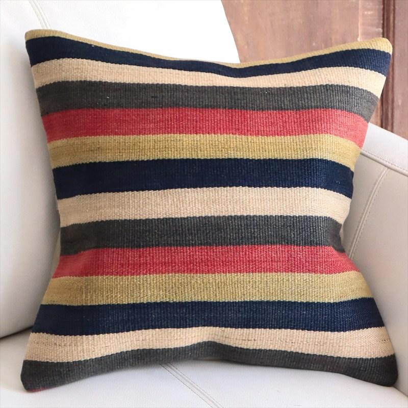 オールドキリムクッションカバー 40cm角サイズ 39×39cm ローズピンクとインディゴのボーダー | 