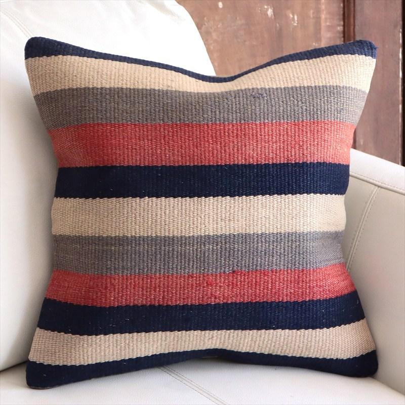 オールドキリムクッションカバー 40cm角サイズ 40×40cm ローズピンクとインディゴのボーダー | 