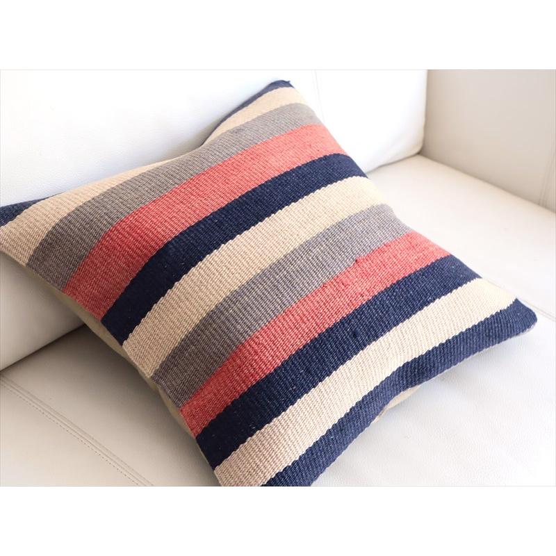 オールドキリムクッションカバー 40cm角サイズ 40×40cm ローズピンクとインディゴのボーダー |  | 02
