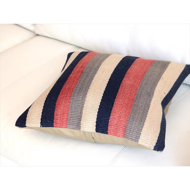 オールドキリムクッションカバー 40cm角サイズ 40×40cm ローズピンクとインディゴのボーダー |  | 03