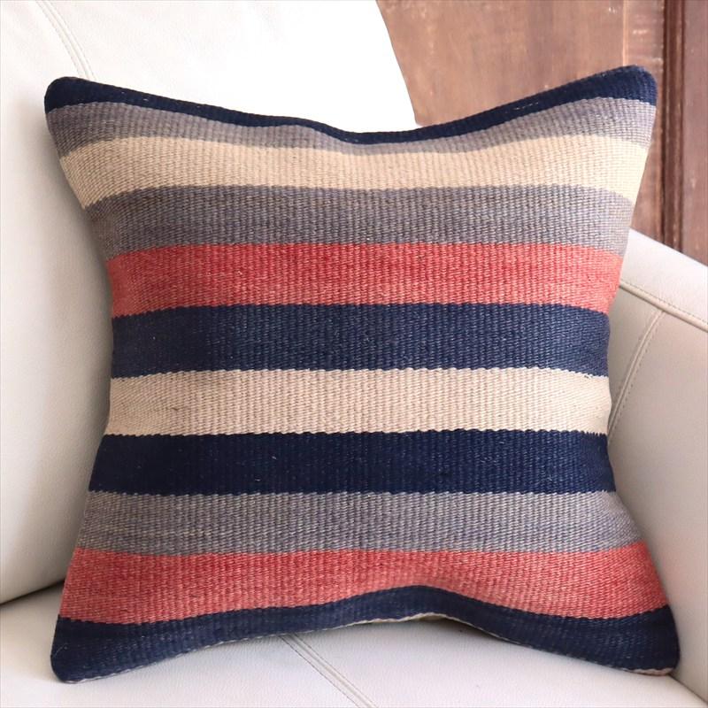 オールドキリムクッションカバー 40cm角サイズ 39×40cm ローズピンクとインディゴのボーダー | 
