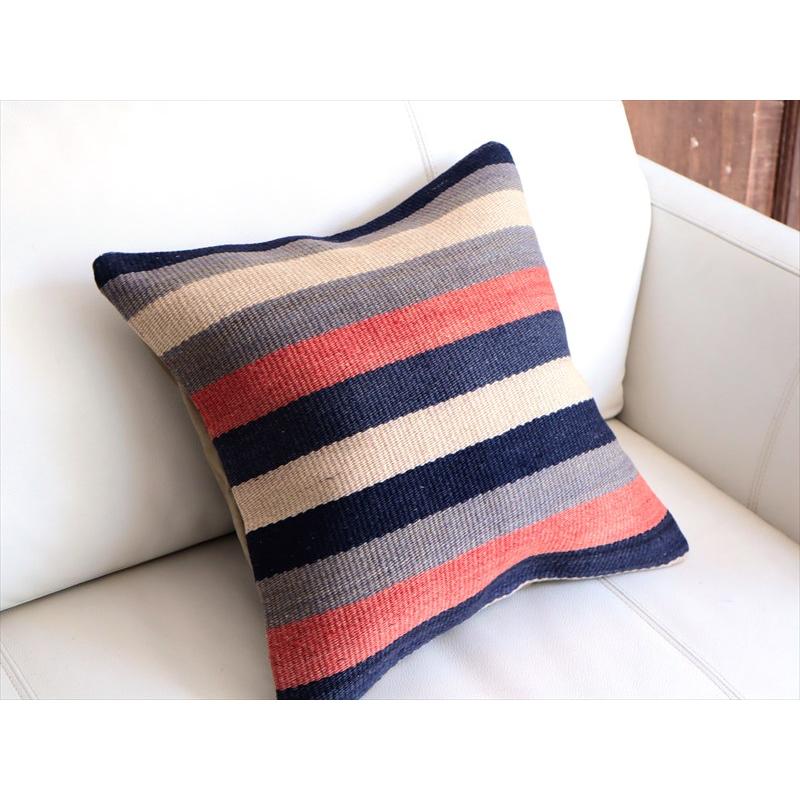 オールドキリムクッションカバー 40cm角サイズ 39×40cm ローズピンクとインディゴのボーダー |  | 02