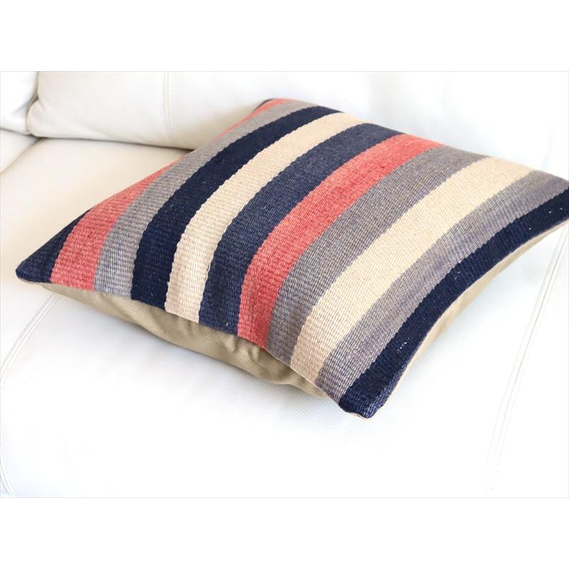 オールドキリムクッションカバー 40cm角サイズ 39×40cm ローズピンクとインディゴのボーダー |  | 03