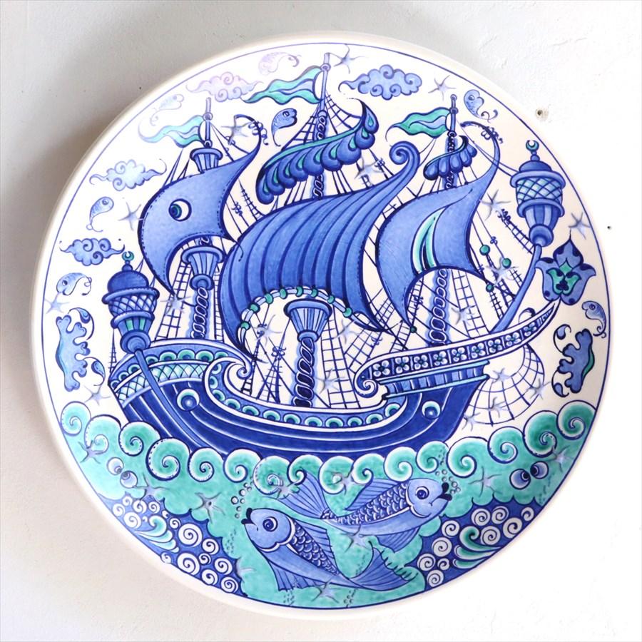 トルコ製ハンドペインティング飾皿 トルコ 手書き絵皿 直径30.5cm 飾り絵皿 チャナッカレ・トロイの船と魚