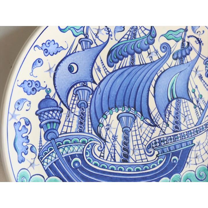 トルコ 手書き絵皿 直径30.5cm 飾り絵皿 チャナッカレ・トロイの船と魚