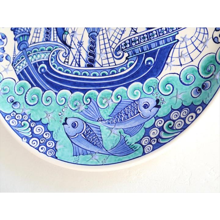 トルコ 手書き絵皿 直径30.5cm 飾り絵皿 チャナッカレ・トロイの船と魚