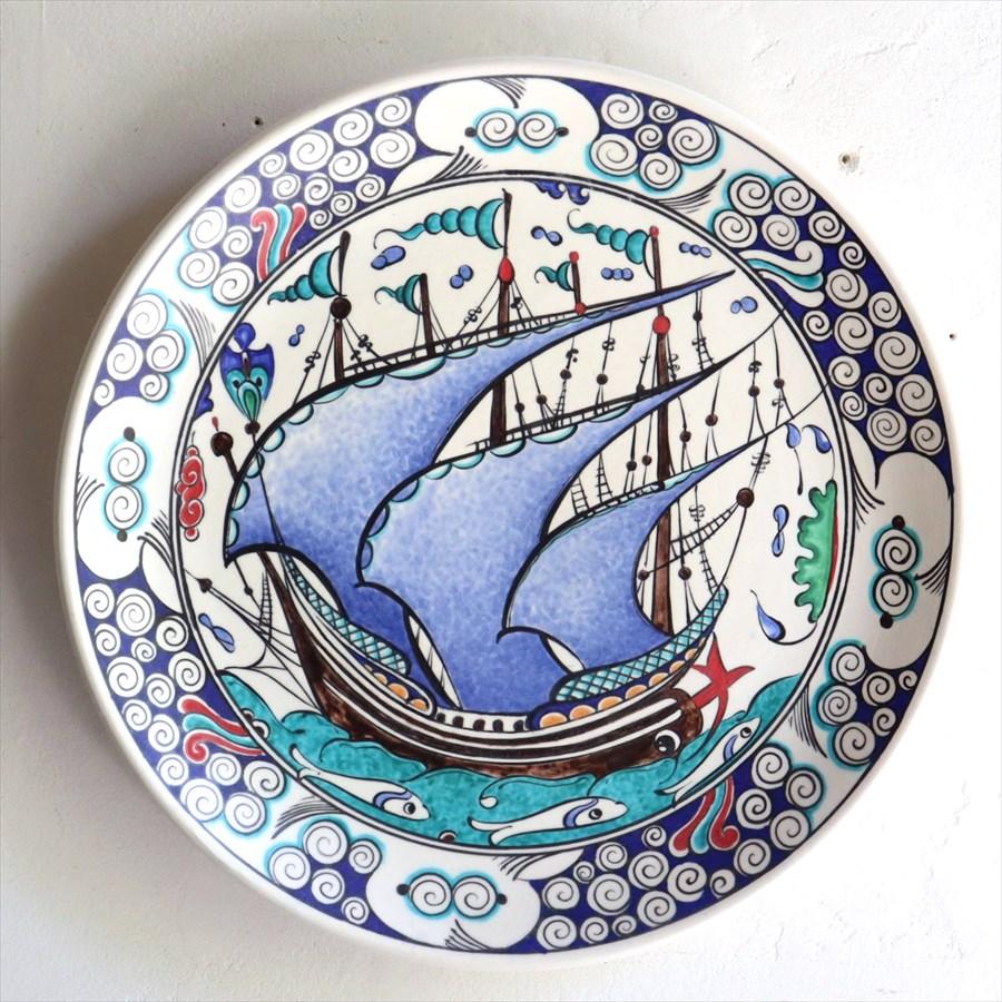 トルコ 手書き絵皿 直径30.5cm 飾り絵皿 チャナッカレ・トロイの船 