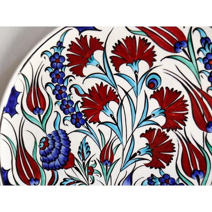 トルコ 手書き絵皿 直径32.5cm 飾り絵皿 チューリップとカーネーション