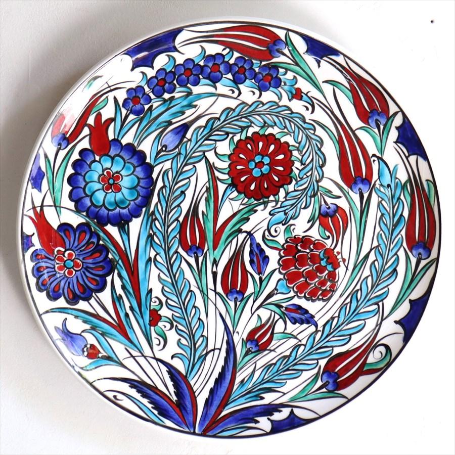 トルコ 手書き絵皿 直径32.5cm 飾り絵皿 チューリップとカーネーション