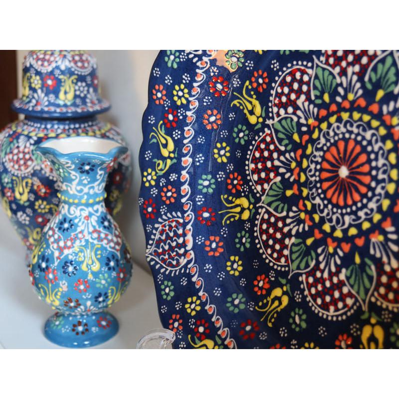 CEC POTTERY トルコ製 手作り陶器皿 トルコ製プレート 直径30cm 飾り皿 手書きキュタフヤ陶器 フラワー