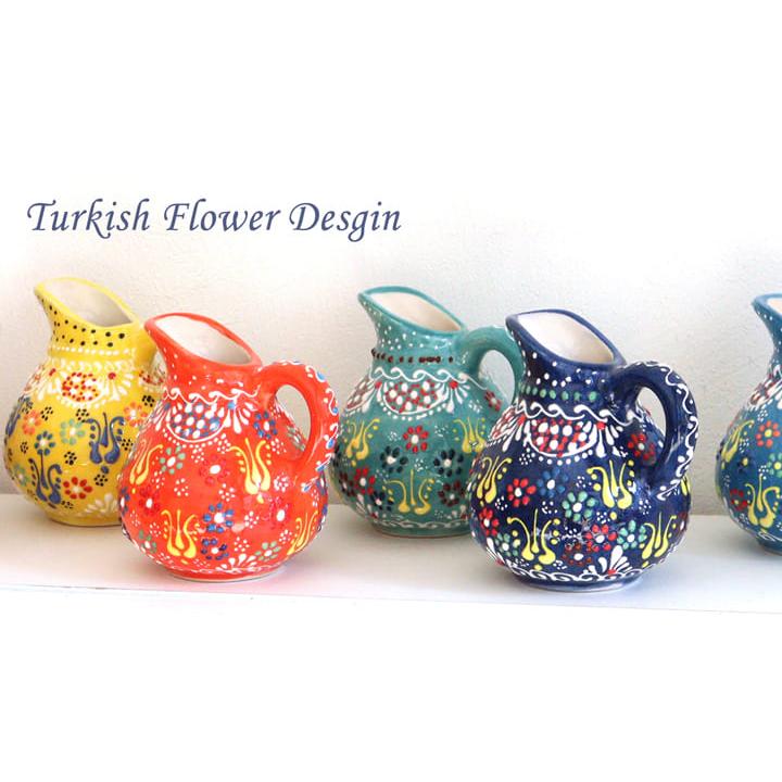 トルコ陶器 ミルクピッチャー 花瓶 高さ10×直径10cm フラワーデザイン