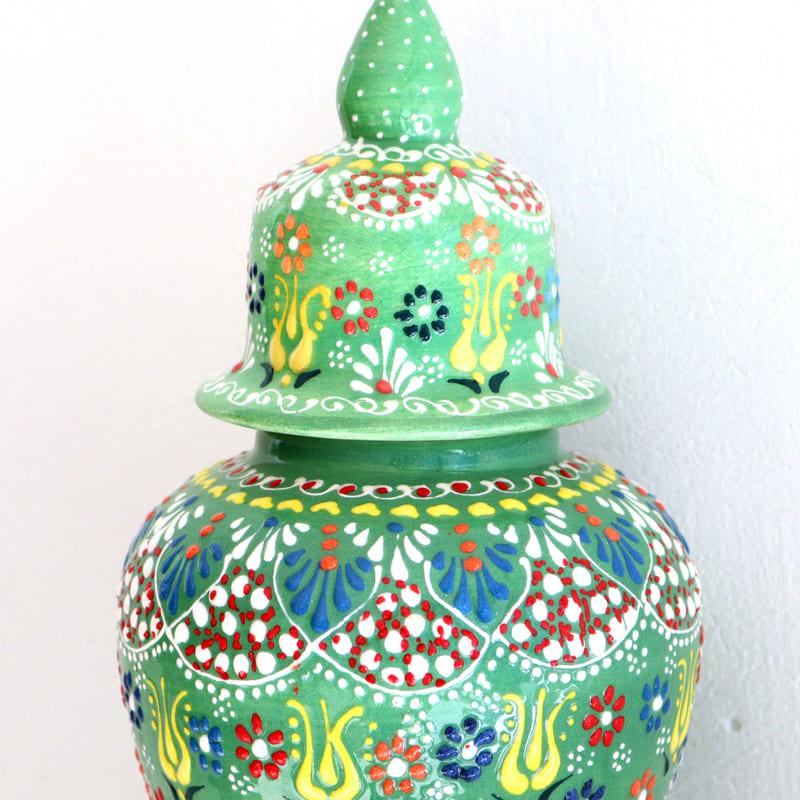 トルコ陶器 蓋つき壺 高さ25×直径11cm フラワーデザイン グリーン