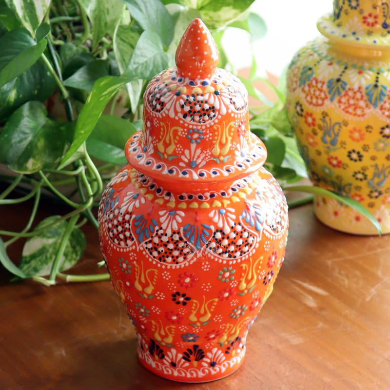 トルコ陶器 蓋つき壺 高さ25×直径11cm フラワーデザイン オレンジ