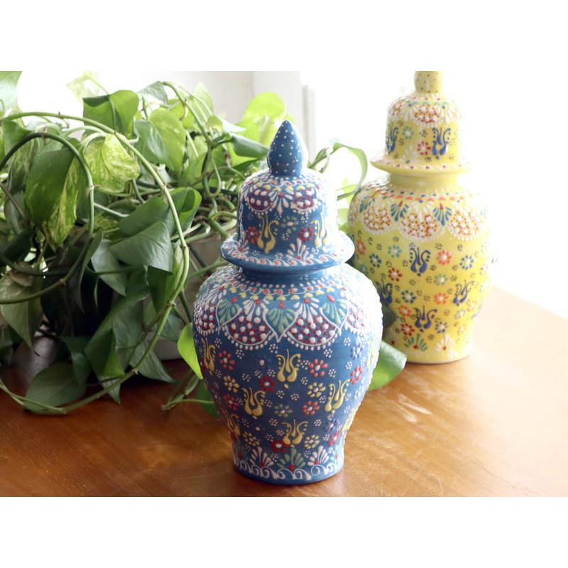 トルコ陶器 蓋つき壺 高さ25×直径11cm フラワーデザイン ターコイズ