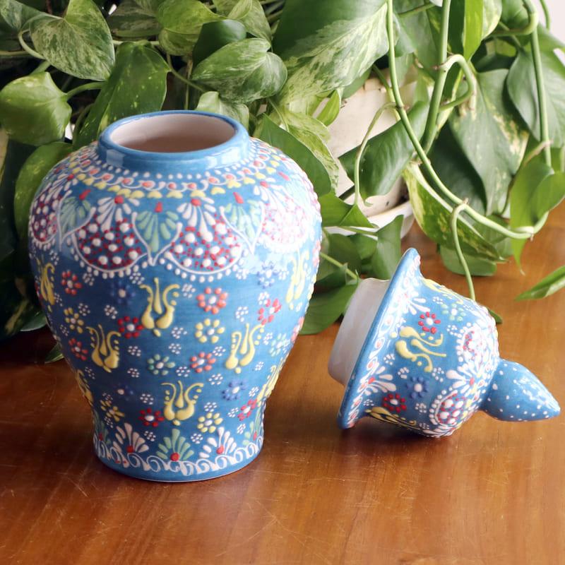 トルコ陶器 蓋つき壺 高さ25×直径11cm フラワーデザイン ターコイズ