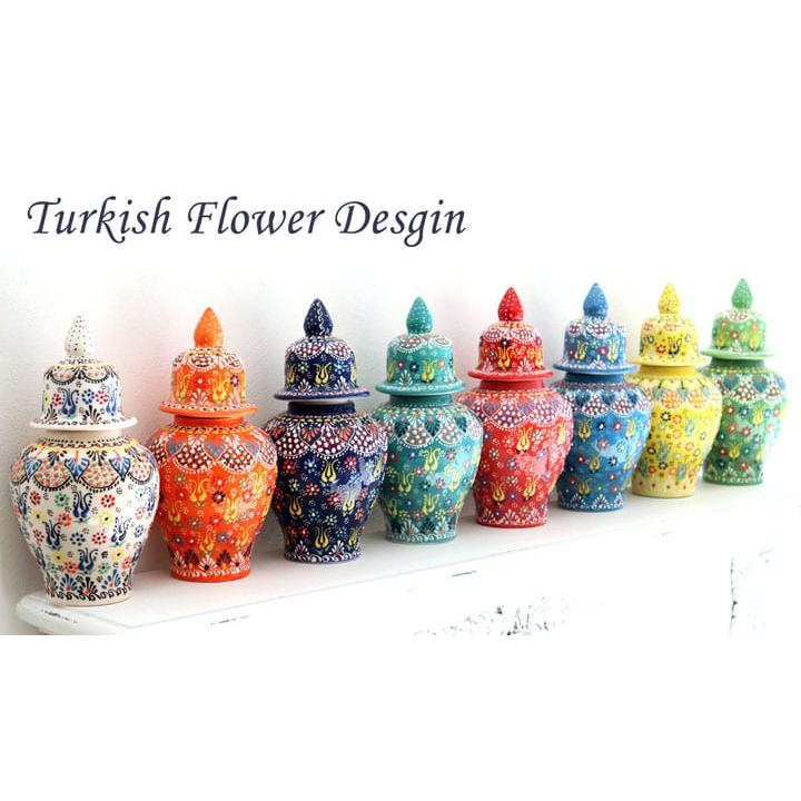 トルコ陶器 蓋つき壺 高さ25×直径11cm フラワーデザイン ホワイト