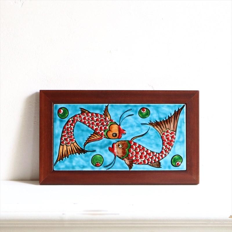 トルコ手書き陶器 ミニタイル1枚額 H24×W14×D1.5cm 二匹の魚 Turkish Hand Paint Tile :pt1690