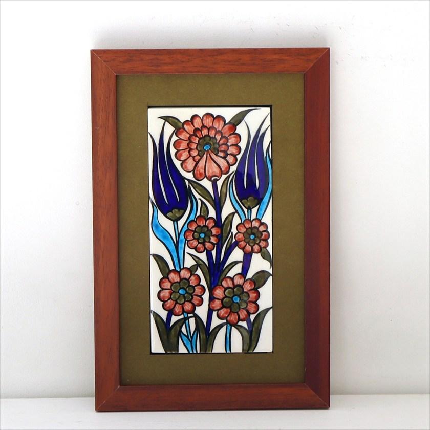 手書きタイル トルコ陶器 ミニタイル1枚額 H29×W19×D1.5cm チューリップ＆カーネーション Turkish Hand Paint Tile | 