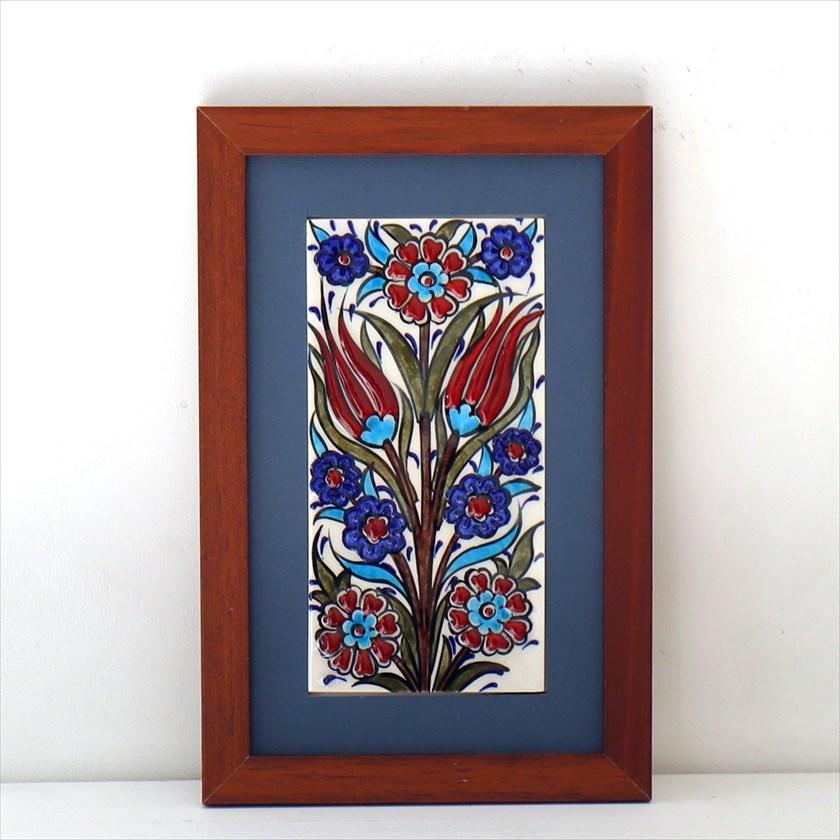 手書きタイル トルコ陶器 ミニタイル1枚額 H29×W19×D1.5cm チューリップ＆カーネーション Turkish Hand Paint Tile | 