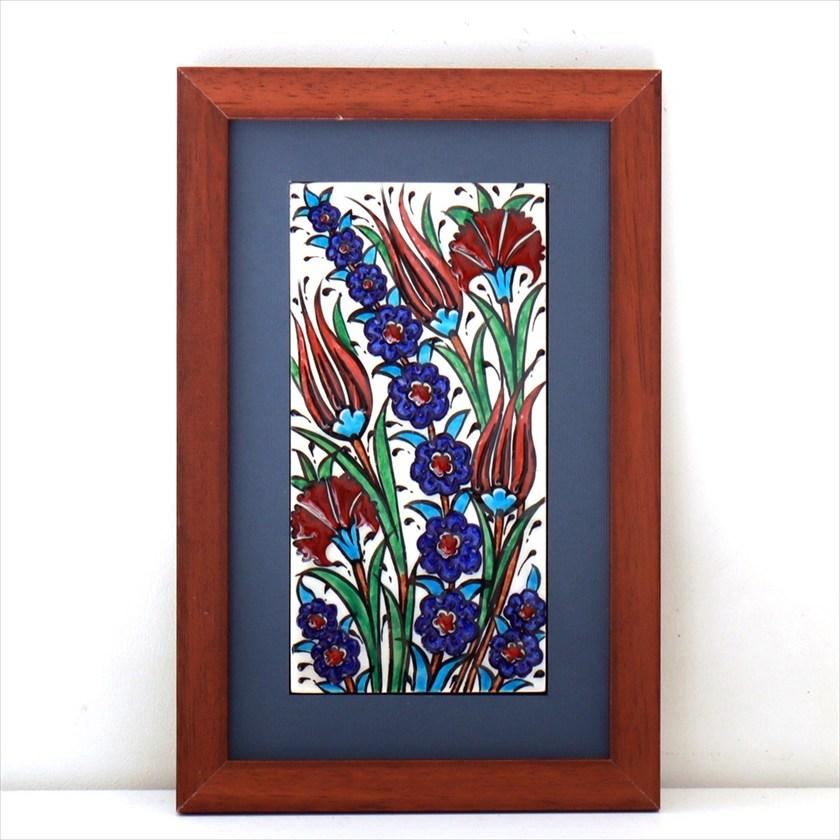 手書きタイル トルコ陶器 ミニタイル1枚額 H29×W19×D1.5cm チューリップ＆カーネーション Turkish Hand Paint Tile | 