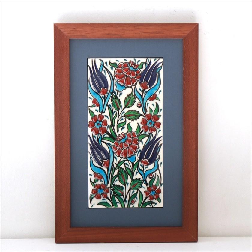 手書きタイル トルコ陶器 ミニタイル1枚額 H29×W19×D1.5cm チューリップ＆カーネーション Turkish Hand Paint Tile | 