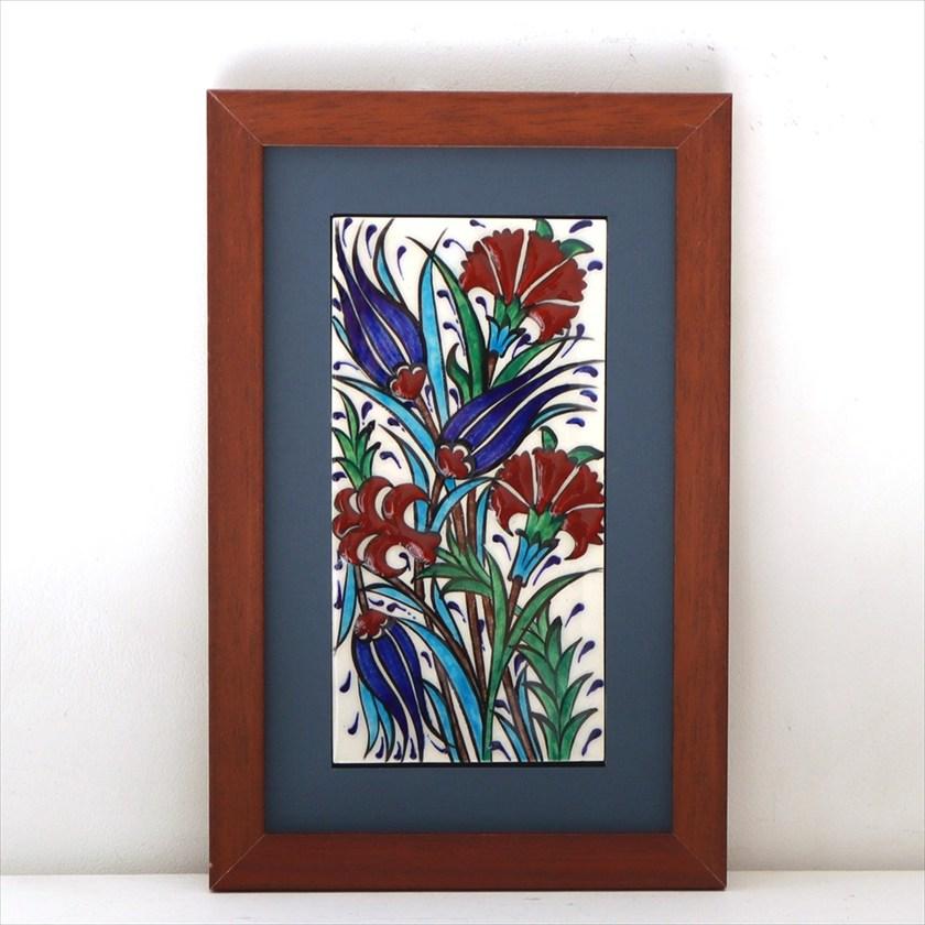 手書きタイル トルコ陶器 ミニタイル1枚額 H29×W19×D1.5cm チューリップ＆カーネーション Turkish Hand Paint Tile | 