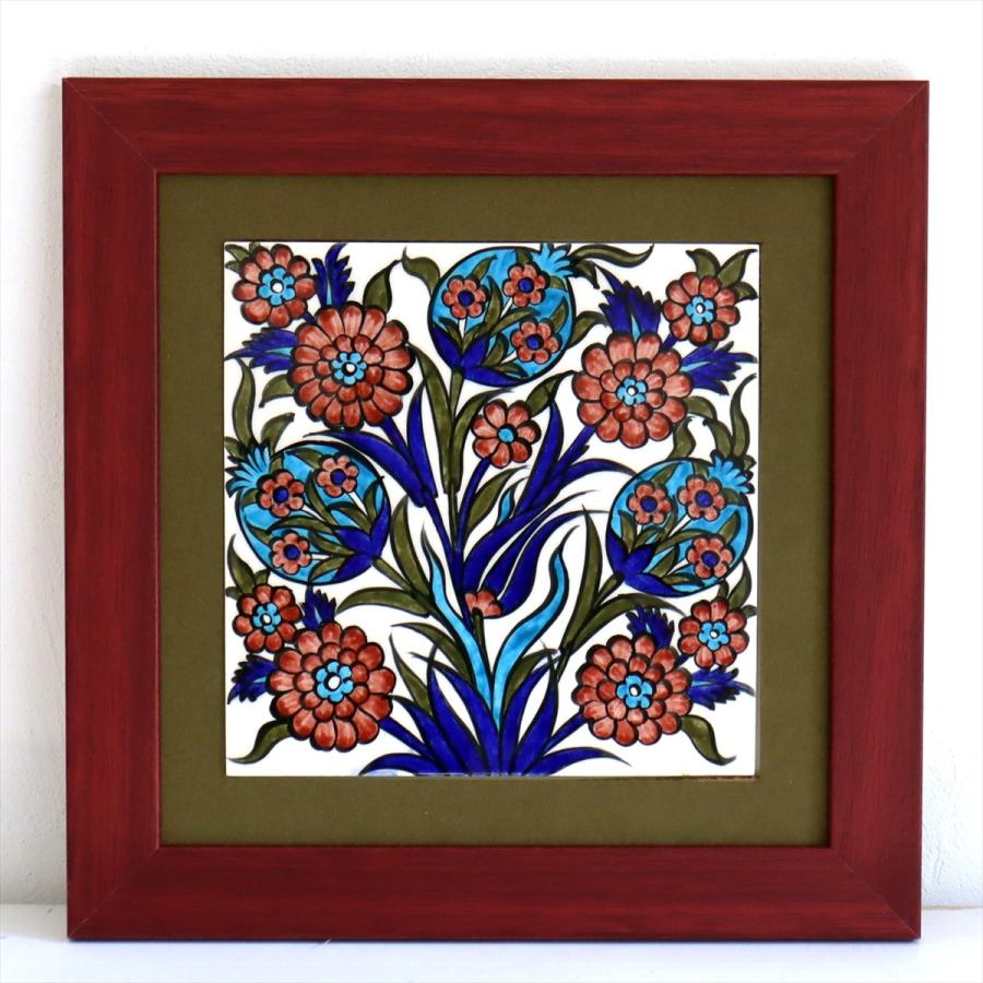トルコ陶器 手書きタイル 1枚額 H31×W31×D2.5cm チューリップ＆カーネーション Turkish Hand Paint Tile | 