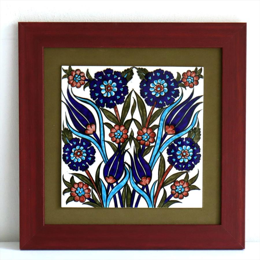 トルコ陶器 手書きタイル 1枚額 H32×W32×D1.5cm チューリップ＆カーネーション Turkish Hand Paint Tile | 