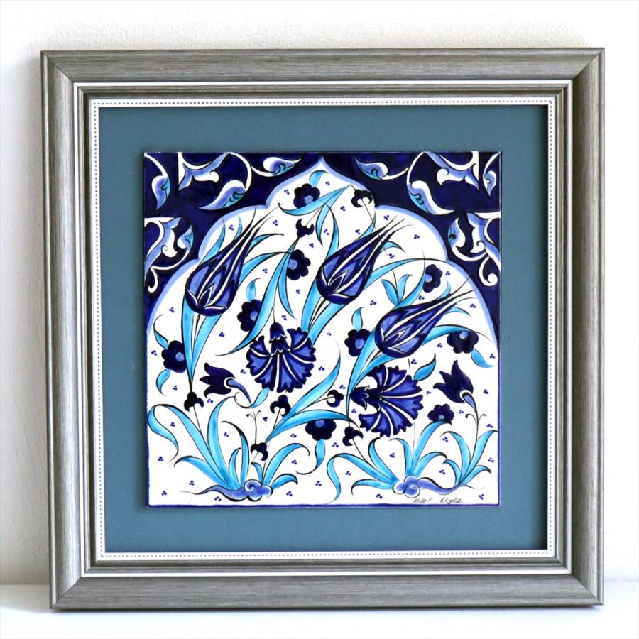 トルコ陶器 手書きタイル 1枚額 H31×W31×D2.5cm チューリップ＆カーネーション Turkish Hand Paint Tile | 