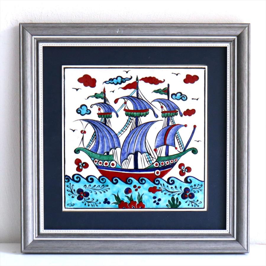トルコ陶器 手書きタイル 1枚額 H31×W31×D2.5cm チャナッカレ・トロイの船 Turkish Hand Paint Tile | 