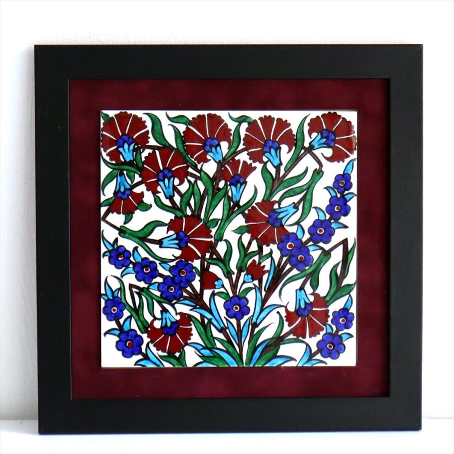 トルコ陶器 手書きタイル 1枚額 H30×W30×D1.5cm チューリップ＆カーネーション Turkish Hand Paint Tile | 