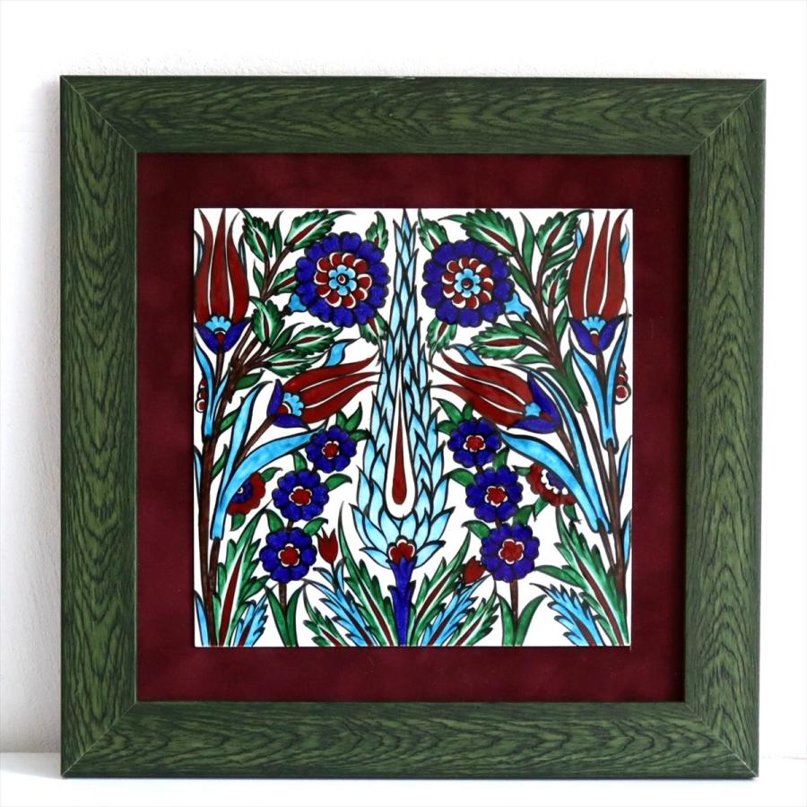 トルコ陶器 手書きタイル 1枚額 H32×W32×D1.5cm チューリップ＆カーネーション Turkish Hand Paint Tile | 