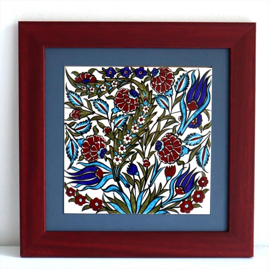 トルコ陶器 手書きタイル 1枚額 H32×W32×D1.5cm チューリップ＆カーネーション Turkish Hand Paint Tile | 