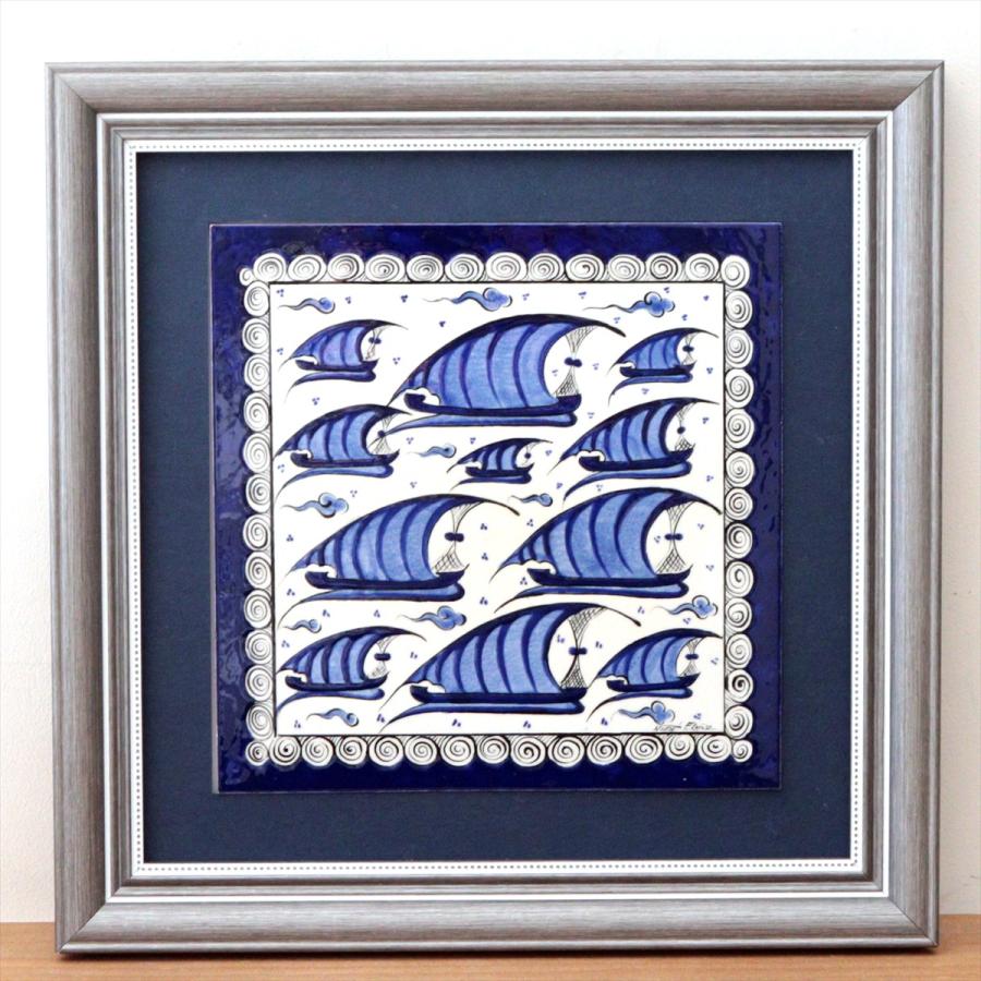 トルコ陶器 手書きタイル 1枚額 H31×W31×D2.5cm チャナッカレ・トロイの船 Turkish Hand Paint Tile | 
