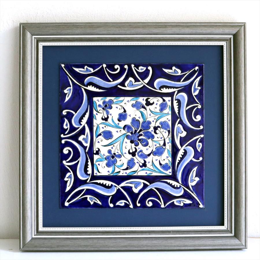 トルコ陶器 手書きタイル 1枚額 H31×W31×D2.5cm ブルーフラワーデザイン Turkish Hand Paint Tile | 