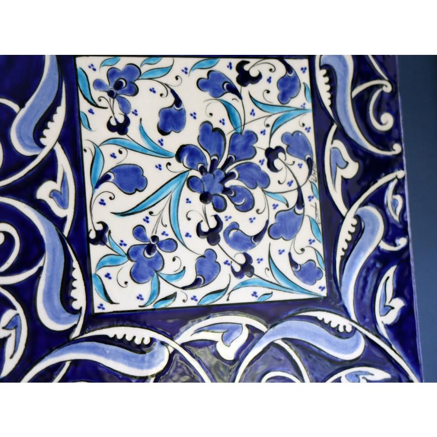 トルコ陶器 手書きタイル 1枚額 H31×W31×D2.5cm ブルーフラワーデザイン Turkish Hand Paint Tile |  | 03