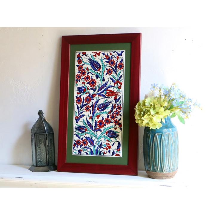 トルコ陶器 手書きタイル 2枚額 H52.5×W32×D1.5cm チューリップと