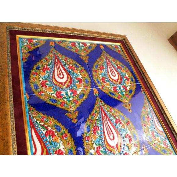 トルコ伝統柄 手書きタイル6枚パネル額装コバルトブルー/アーモンド形