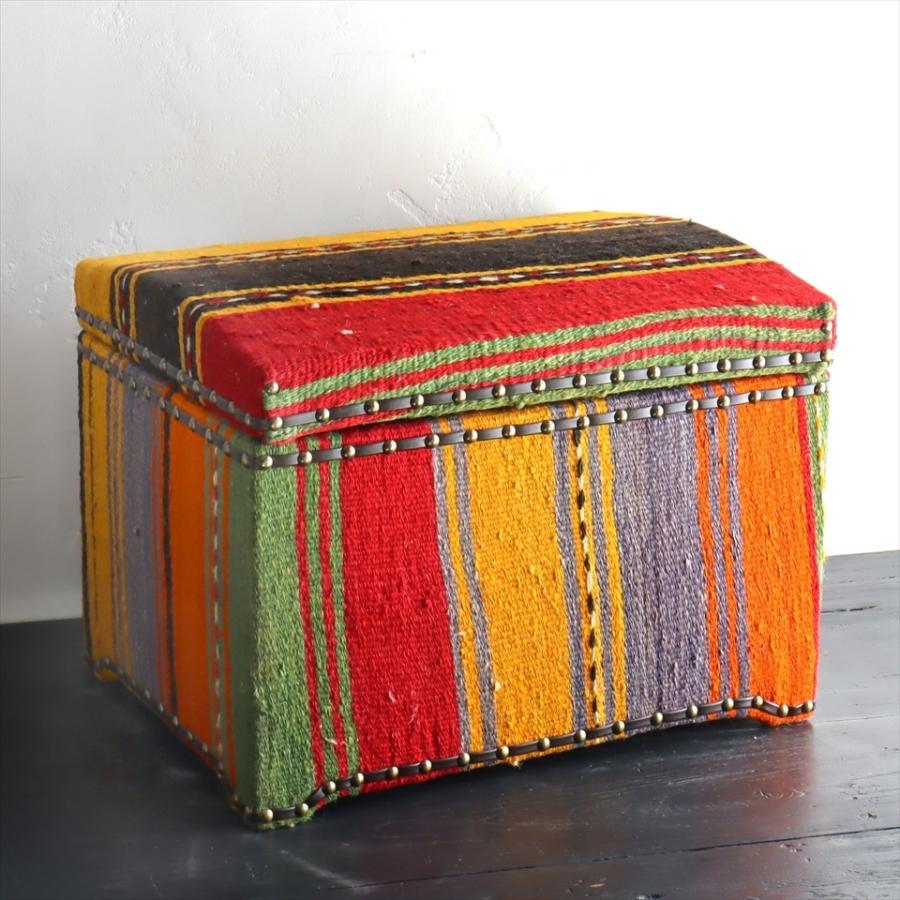 オールドキリム木製家具 宝箱Ｌサイズストライプボーダー W46.5xH35.5xD35cm | ブランド登録なし