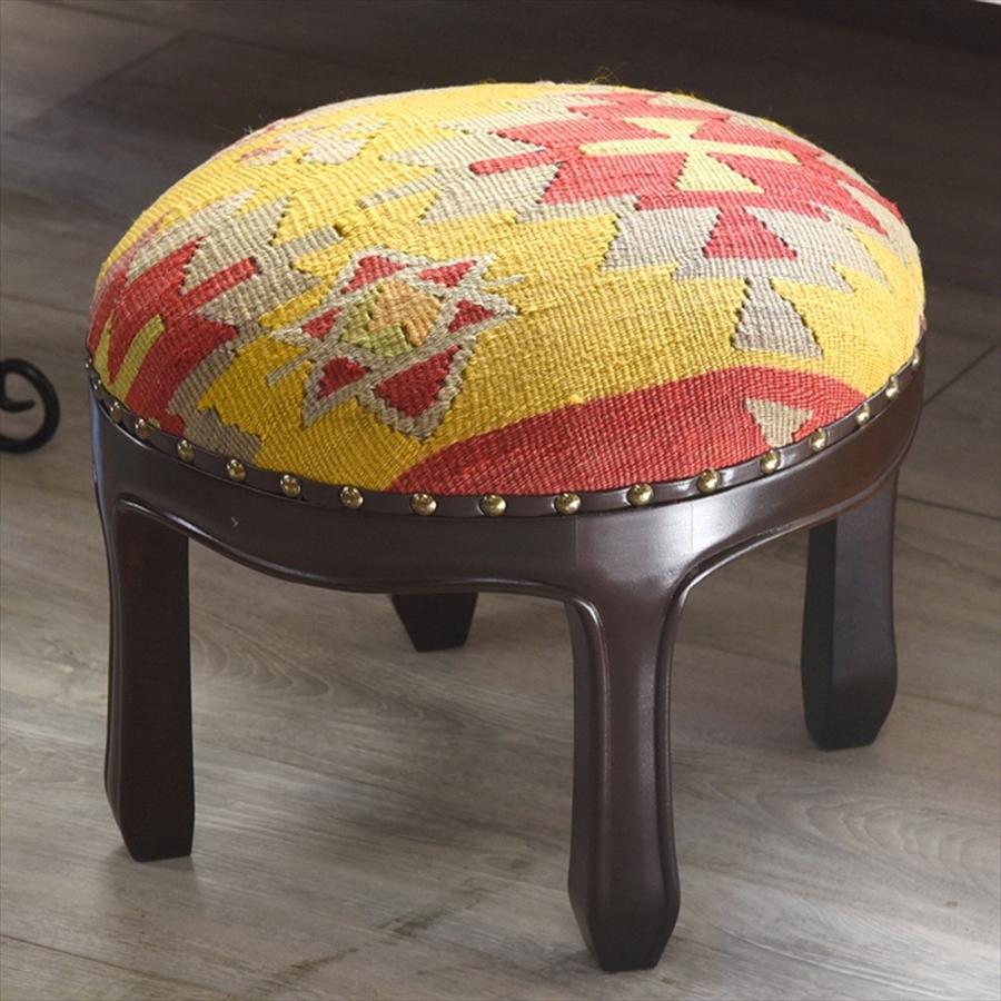 オールドキリムの木製家具 スツールオットマン ラウンド 直径37cm×高さ29cm | ブランド登録なし