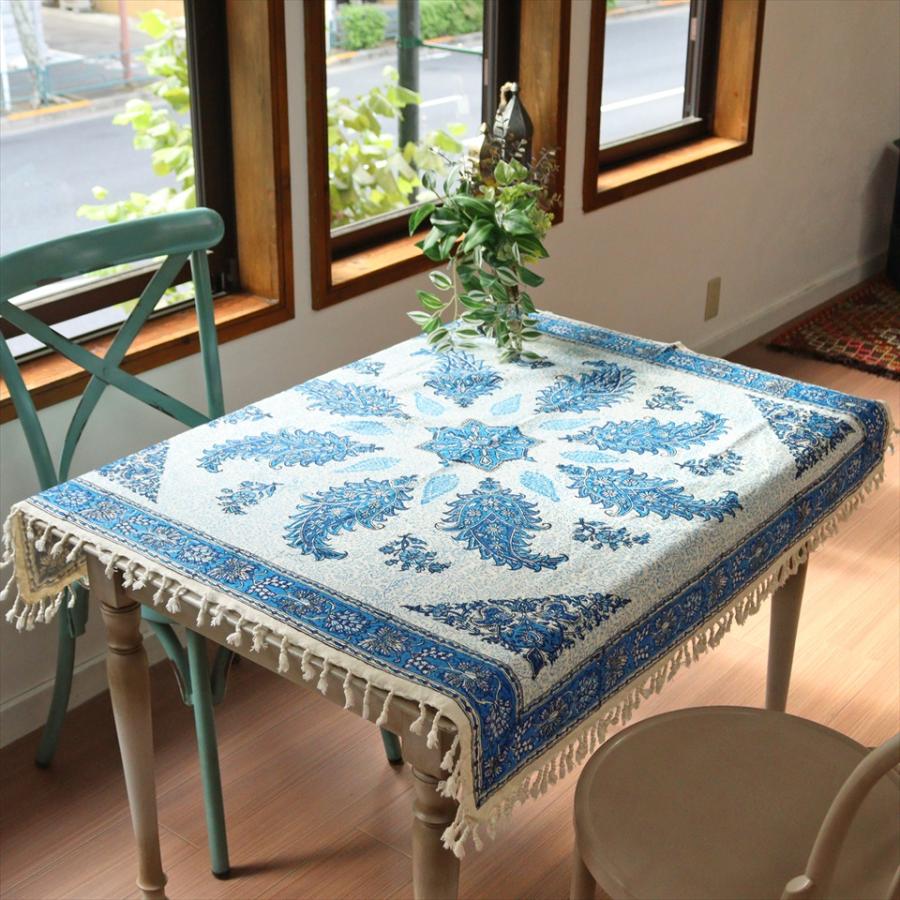 ペルシャ更紗 ガラムカール 98×96cm ブルー系 ペイズリー柄 テーブル 