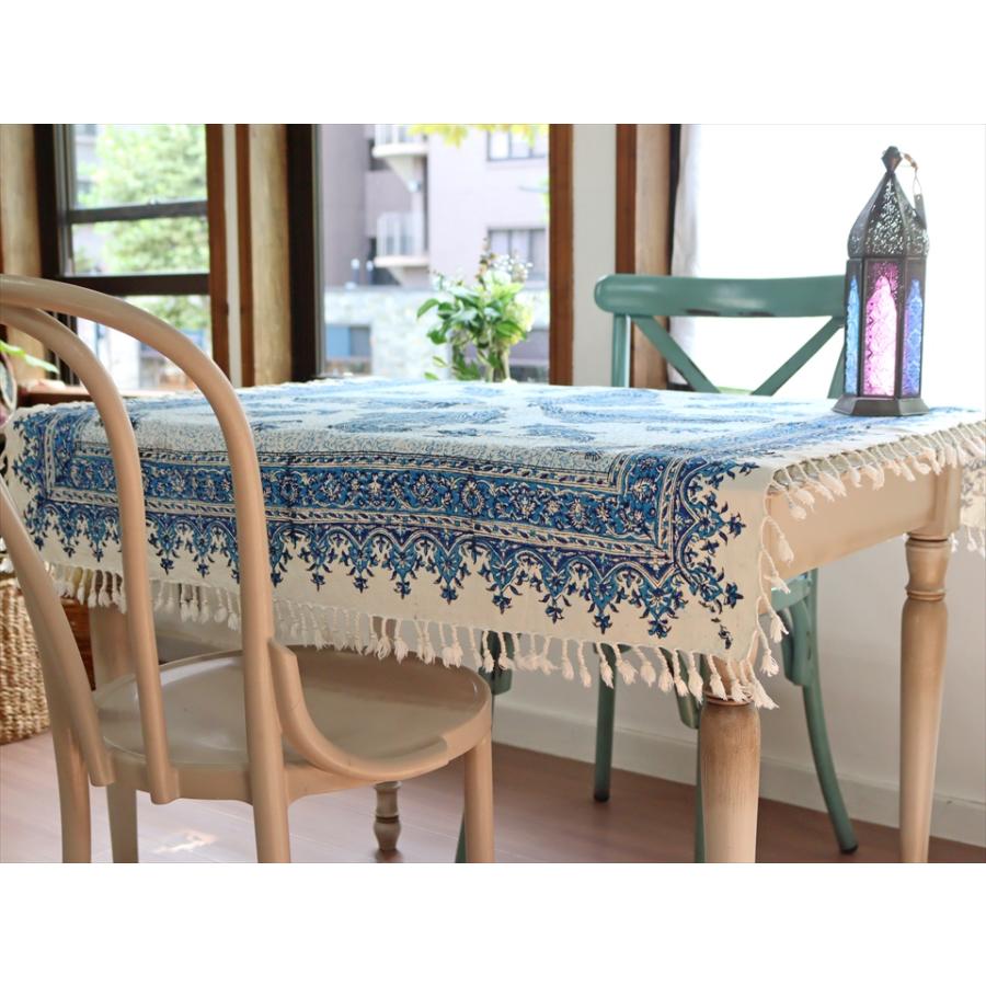 ペルシャ更紗 ガラムカール 100×95cm ブルー系 ペイズリー柄 テーブル