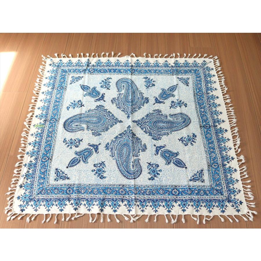 ペルシャ更紗 ガラムカール 100×95cm ブルー系 ペイズリー柄 テーブル