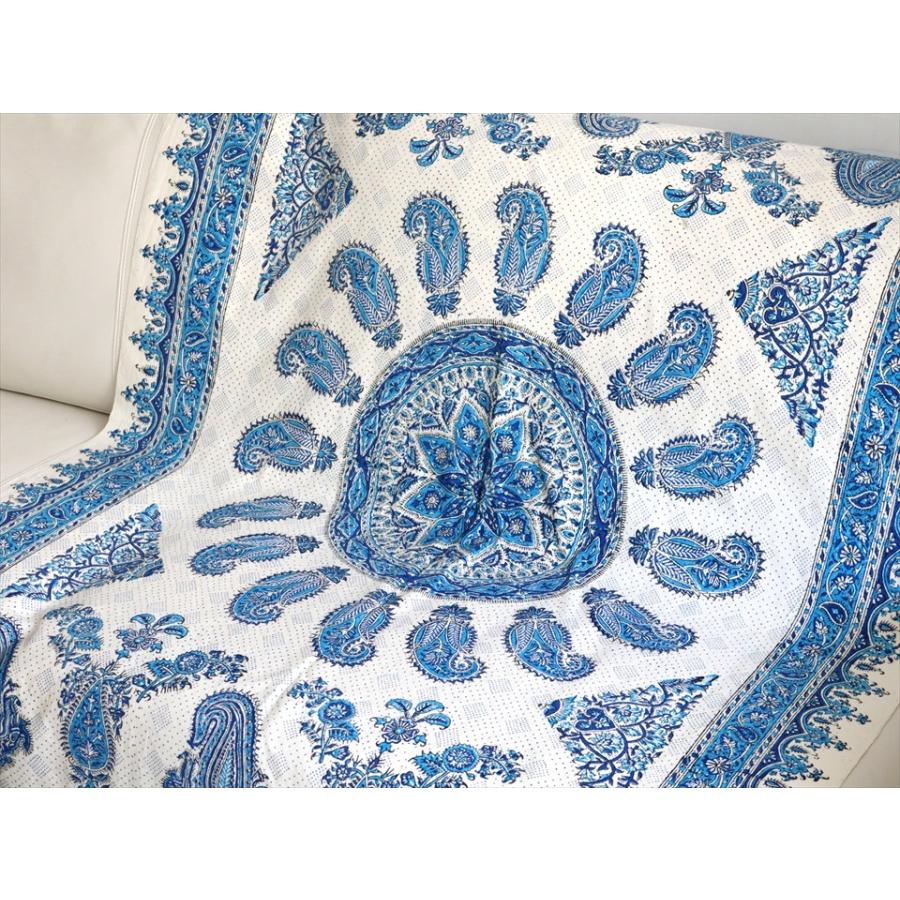 ペルシャ更紗・イラン手染め布/150x100cmサイズ ソファカバー・テーブルクロス　ブルー系ペイズリー柄 |  | 01