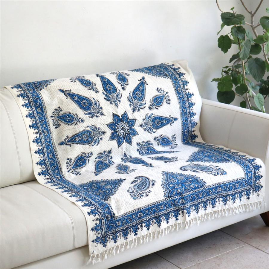 ペルシャ更紗 イラン手染め布 150x100cmサイズ ソファカバー タペストリー　ブルー系ペイズリー柄 | 